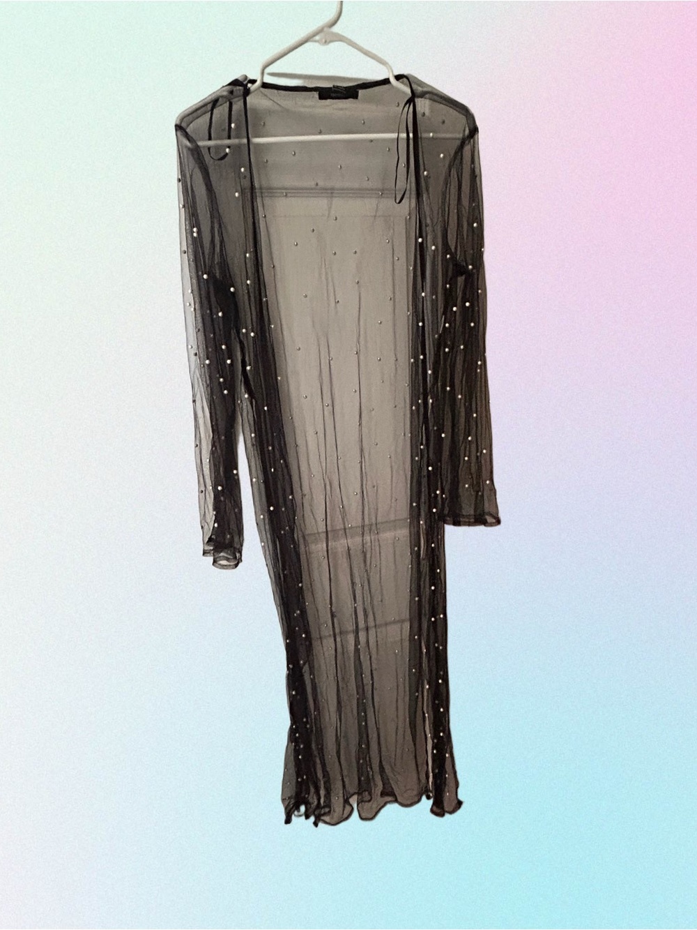 Forever 21 Black Sheer Mesh Longline Robe with Pearl Detail